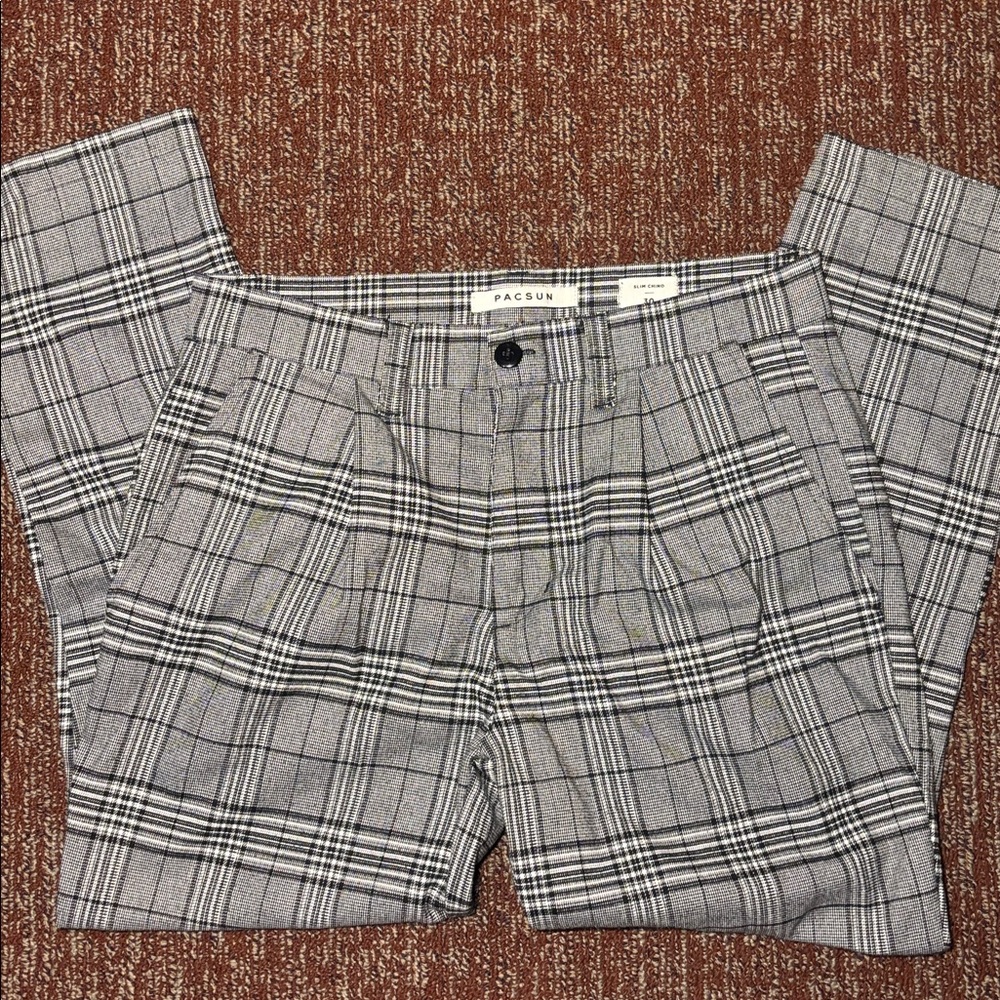 Men's 30 Gray Plaid Pants PACSun slim chino pleated front trouser casual office